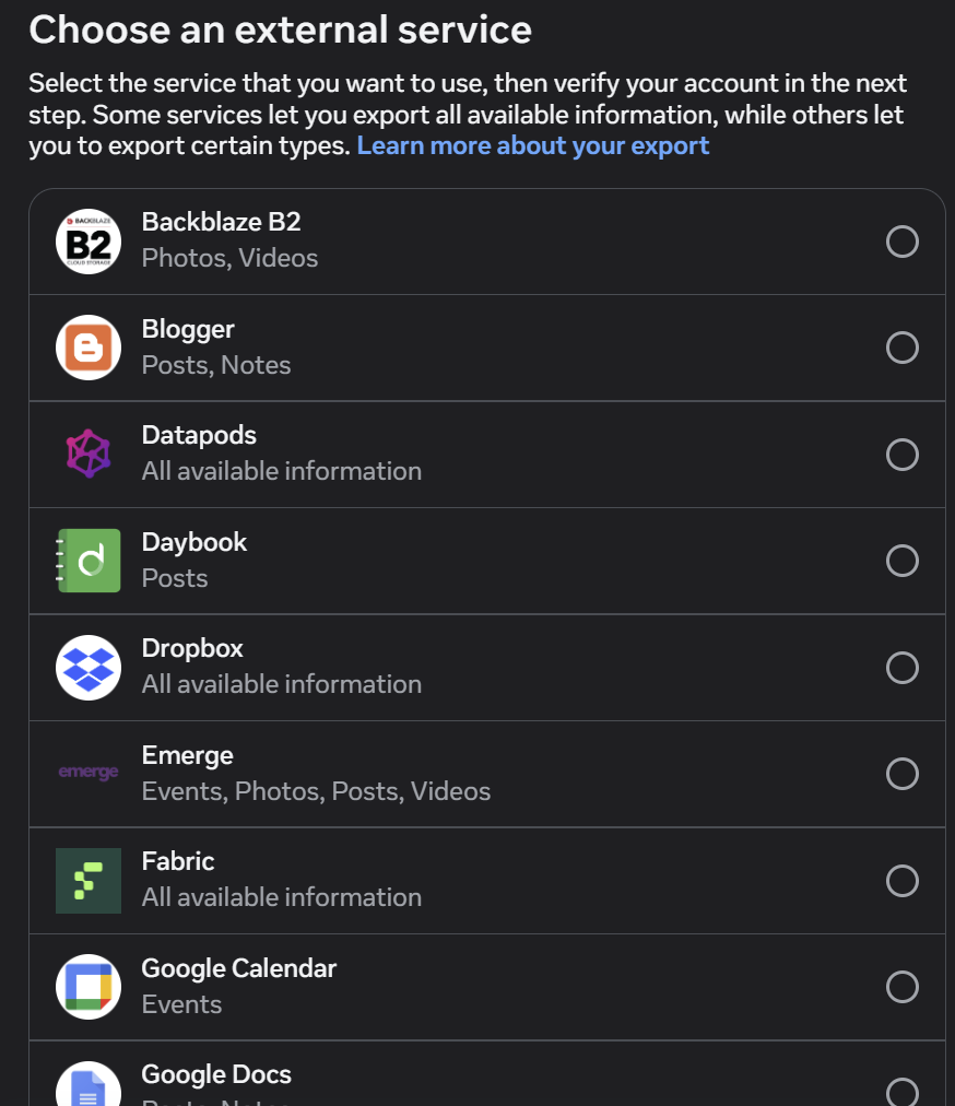 Facebook export to external storage